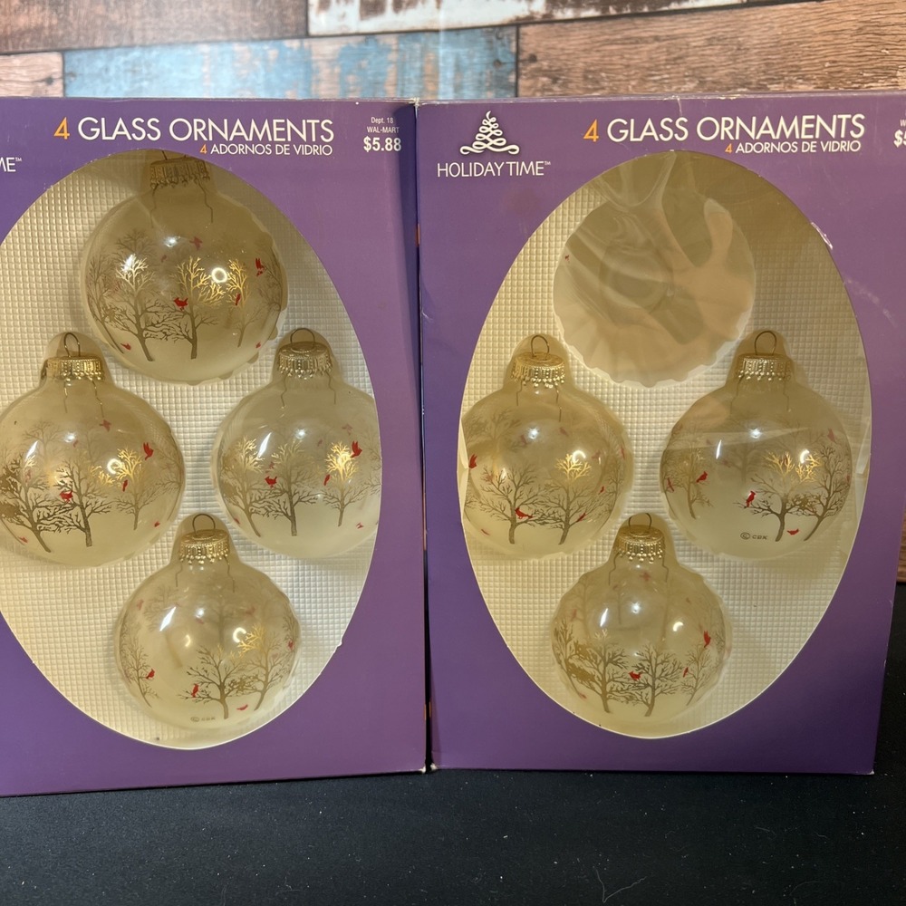 Vintage  Gold Trees & Cardinals Glass‎ Christmas Ornaments - Holiday Time USA